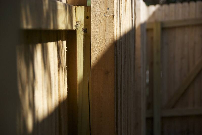 Close-up of sunlit new timber fence palings and posts showing wood grain